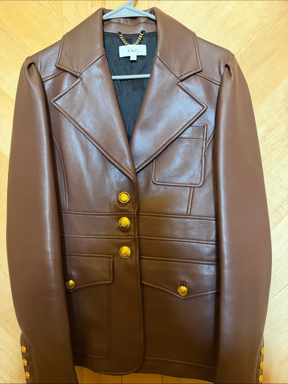 A.L.C. Women's Brown Leather Peacoat with Gold Buttons